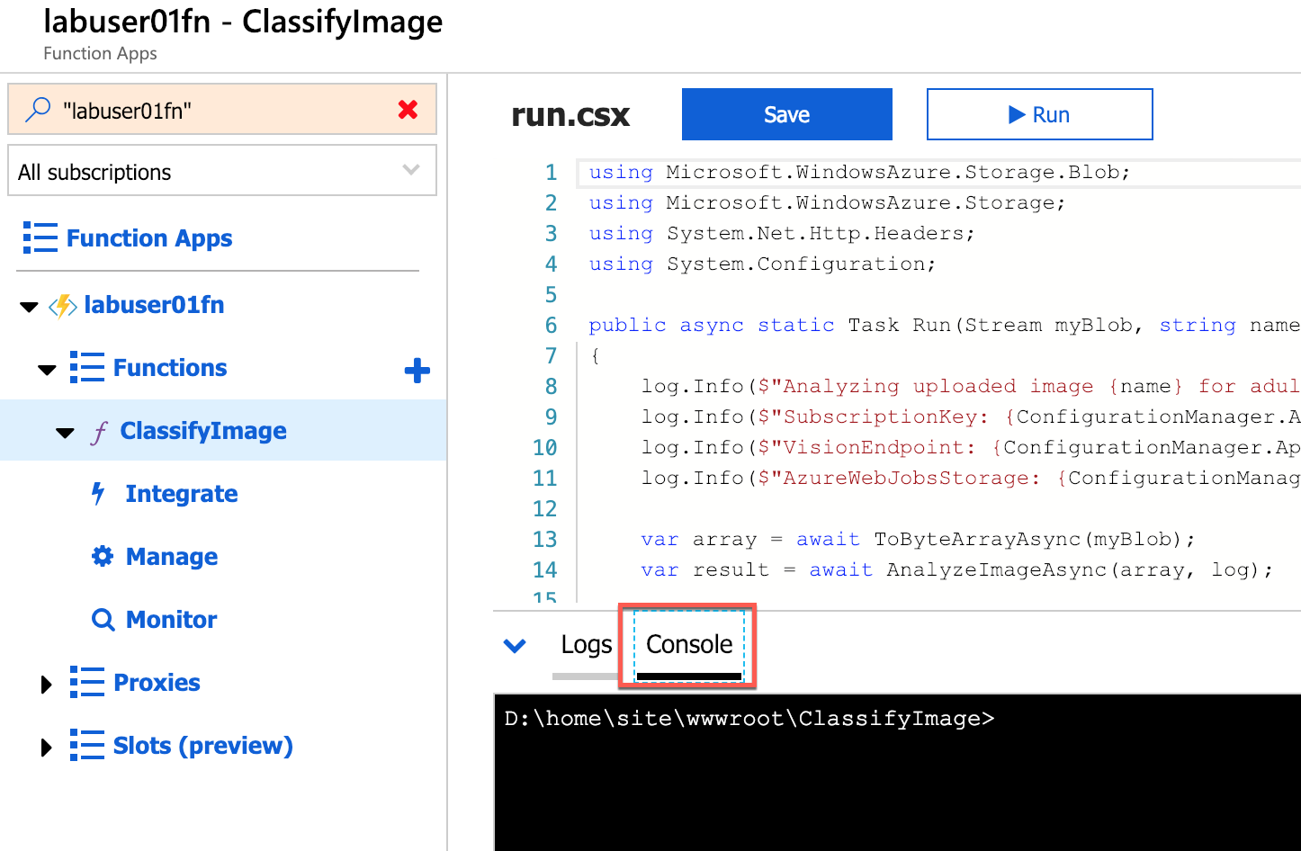 function console