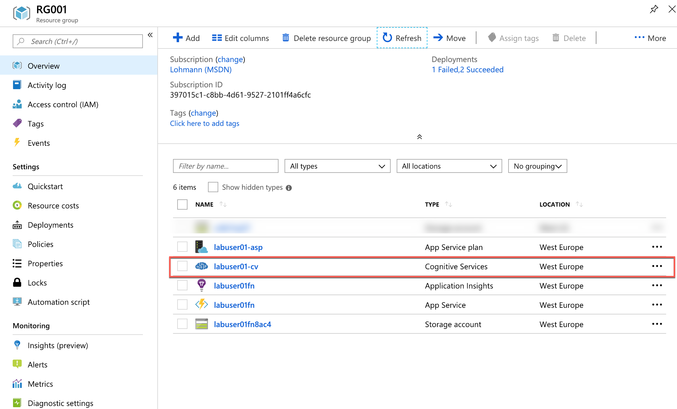 Opening the Computer Vision API subscription