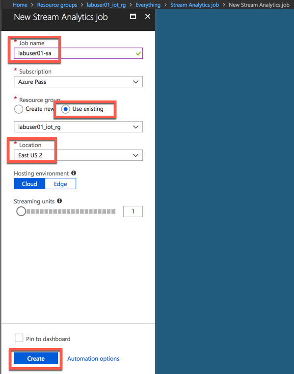 Create Stream Analytics Job_